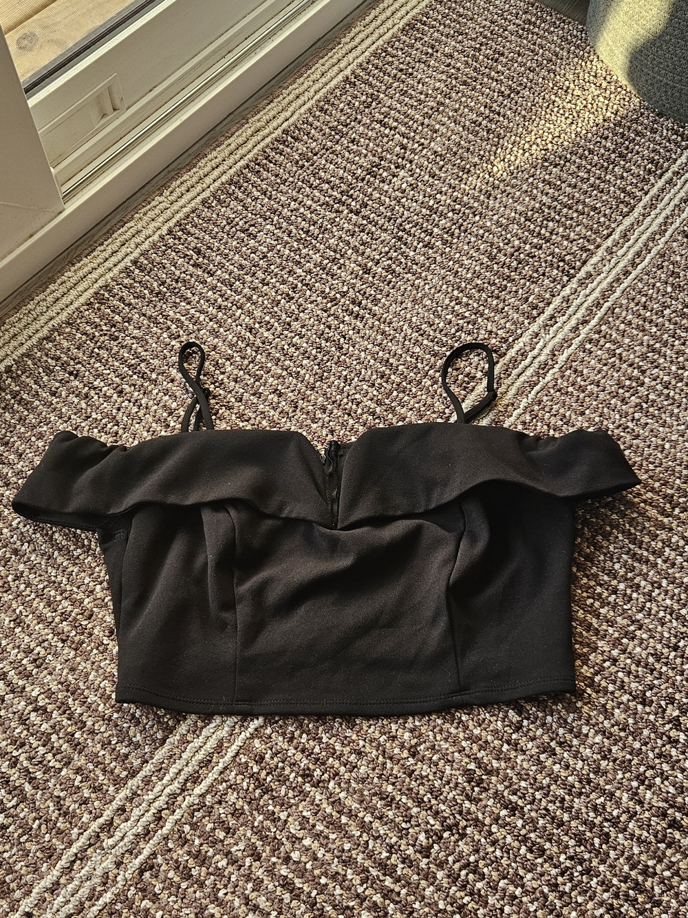 B Darlin Black Off-Shoulder Ruffle Crop Top